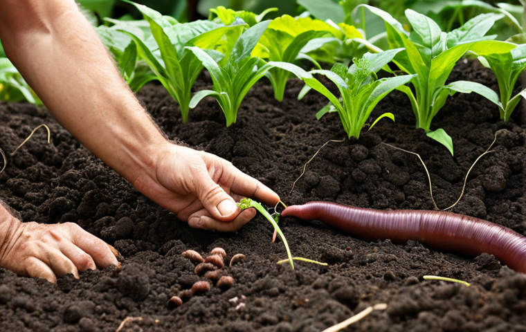Healthy Soil & Abundant Crops**

> Prompt: Lush vegetable garden with vibrant green plants, rich dark soil, and close-up view of earthworms. A farmer is inspecting the garden with a satisfied expression. Focus on the healthy ecosystem.

**