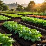 친환경농업 실무 교육 과정 - A vibrant organic vegetable garden in a Japanese rural setting during early morning light, showcasin...