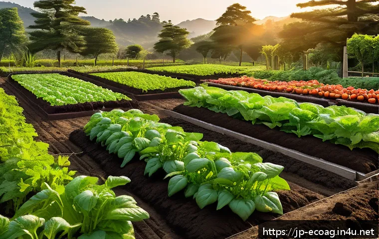 친환경농업 실무 교육 과정 - A vibrant organic vegetable garden in a Japanese rural setting during early morning light, showcasin...